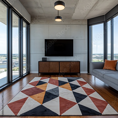 Modern Apartment Interior with Geometric Rug, Polished Floors, Concrete Walls, City View, and Contemporary Furnishings for Sophisticated Living.