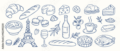 A blue and white drawing of french food items with a Paris theme. The drawing includes a variety of food items such as sandwiches, cakes, and drinks like wine and coffee
