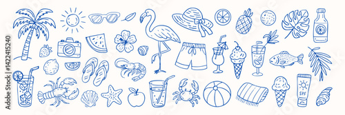 A blue and white drawing of a beach scene with various items such as a flamingo, a camera, a cup, a bottle, a hat, a ball, and a fish