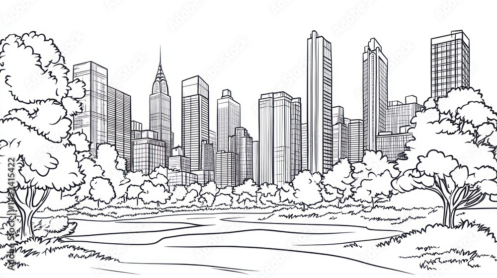Obraz premium City skyline view from park, nature, urban landscape, peaceful scene, illustration