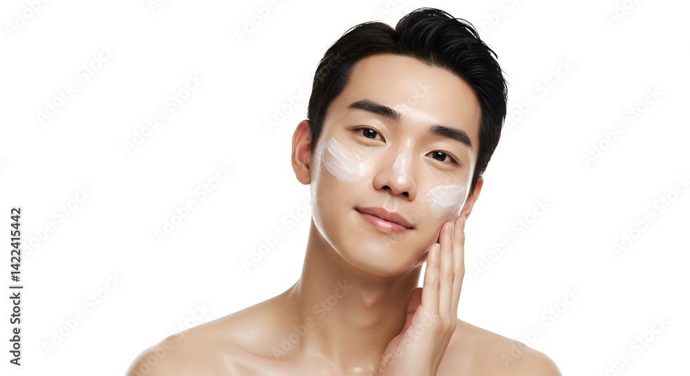 Asian man skincare routine applying cream for healthy skin and beauty treatment on white background portrait Asian man skincare routine applying cream for healthy skin and beauty treatment on white background portrait