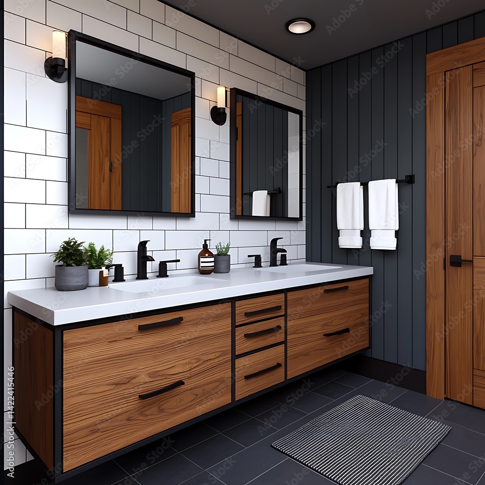 Modern bathroom design featuring double vanity, wooden cabinets, and stylish black fixtures for a sophisticated space.