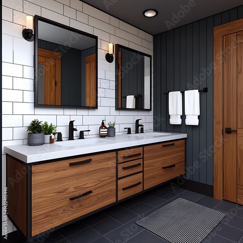 Obraz na płótnie Modern bathroom design featuring double vanity, wooden cabinets, and stylish black fixtures for a sophisticated space. w salonie