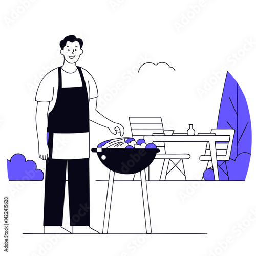 Man grilling in apron outdoors with backyard furniture