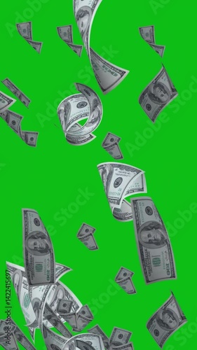 Money rain green screen vertical , a rain of dollar money with green screen chroma key 4k