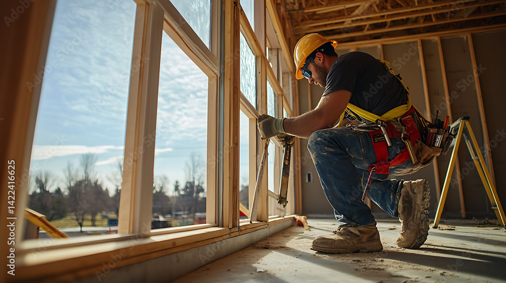 Fototapeta premium Construction Worker Installing Windows in a New Building