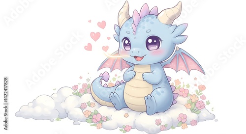 Cute cartoon baby dragon breathing little fire hearts, pastel colors, kawaii fantasy character, friendly and magical vibe, white background