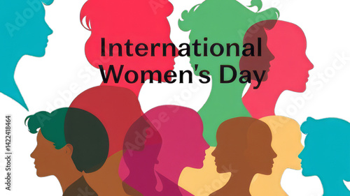Vibrant Silhouette Illustration of Diverse Women’s Profiles in Colorful Tones, Celebrating International Women’s Day with Themes of Unity, Empowerment, and Equality