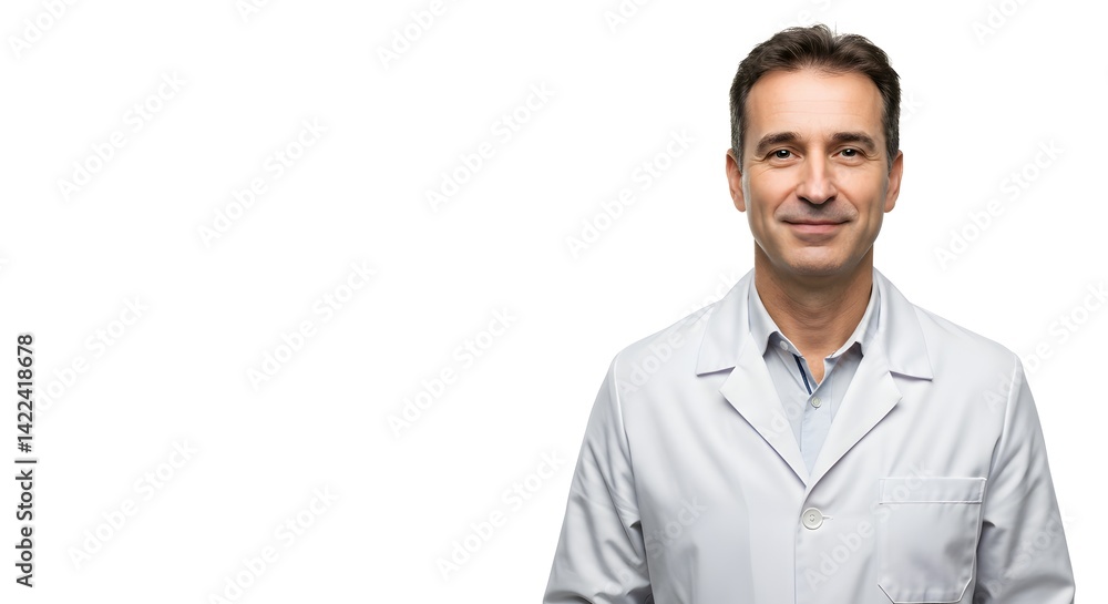 Portrait of smiling doctor in lab coat on white background for medical professional concept use case Portrait of smiling doctor in lab coat on white background for medical professional concept use case
