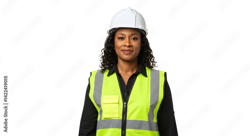 Stock photo of african american woman engineer wearing hardhat and safety vest on white background isolated Stock photo of african american woman engineer wearing hardhat and safety vest on white background isolated