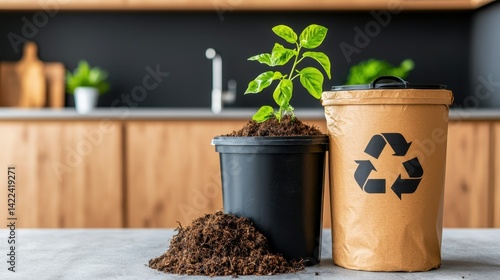 New Plant Growth in Pot Next to Recycling Bin in Modern Kitchen