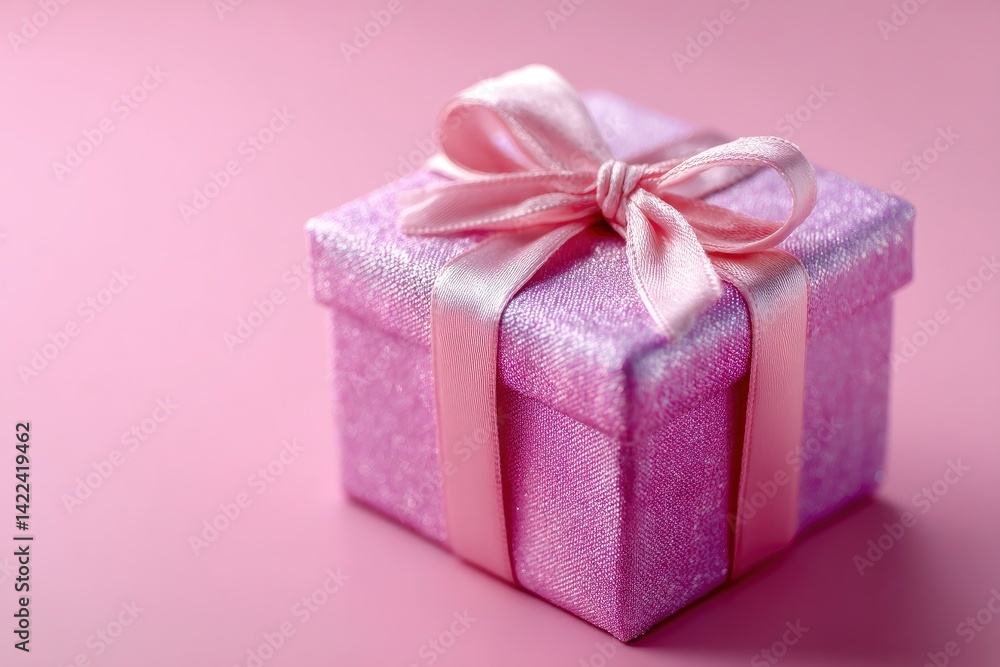 Obraz premium Elegant Pink Gift Box: Delicate Ribbon, Soft Sparkle, Romantic Mood