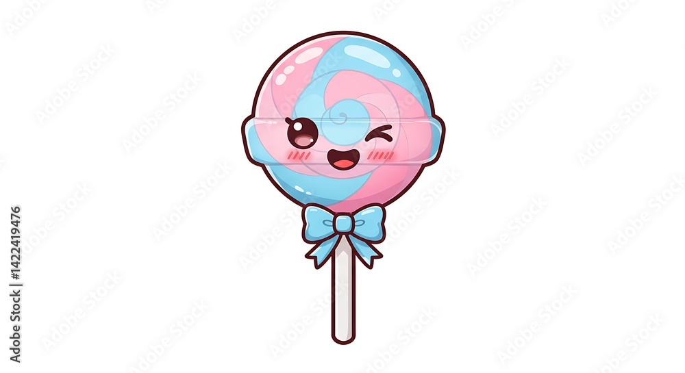 Cute cartoon lollipop with a bowtie and winking face, kawaii dessert character, bright colors, sweet and playful, white background Cute cartoon lollipop with a bowtie and winking face, kawaii dessert character, bright colors, sweet and playful, white background