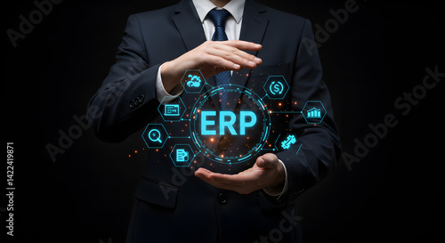 A businessman holding a glowing erp system interface with various business related icons around it photo