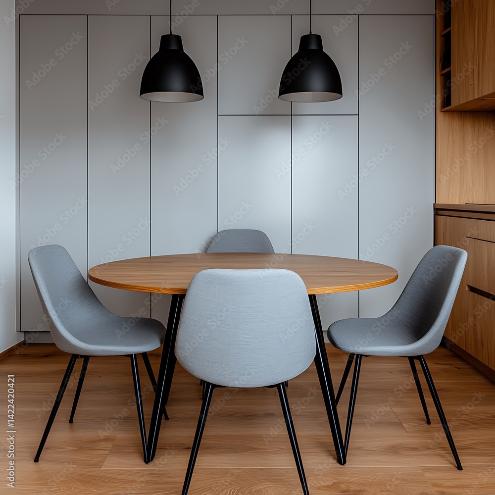 Modern Interior: Oval Wooden Table with Gray Chairs and Sleek Black Pendant Lights, Minimalist Kitchen Design.