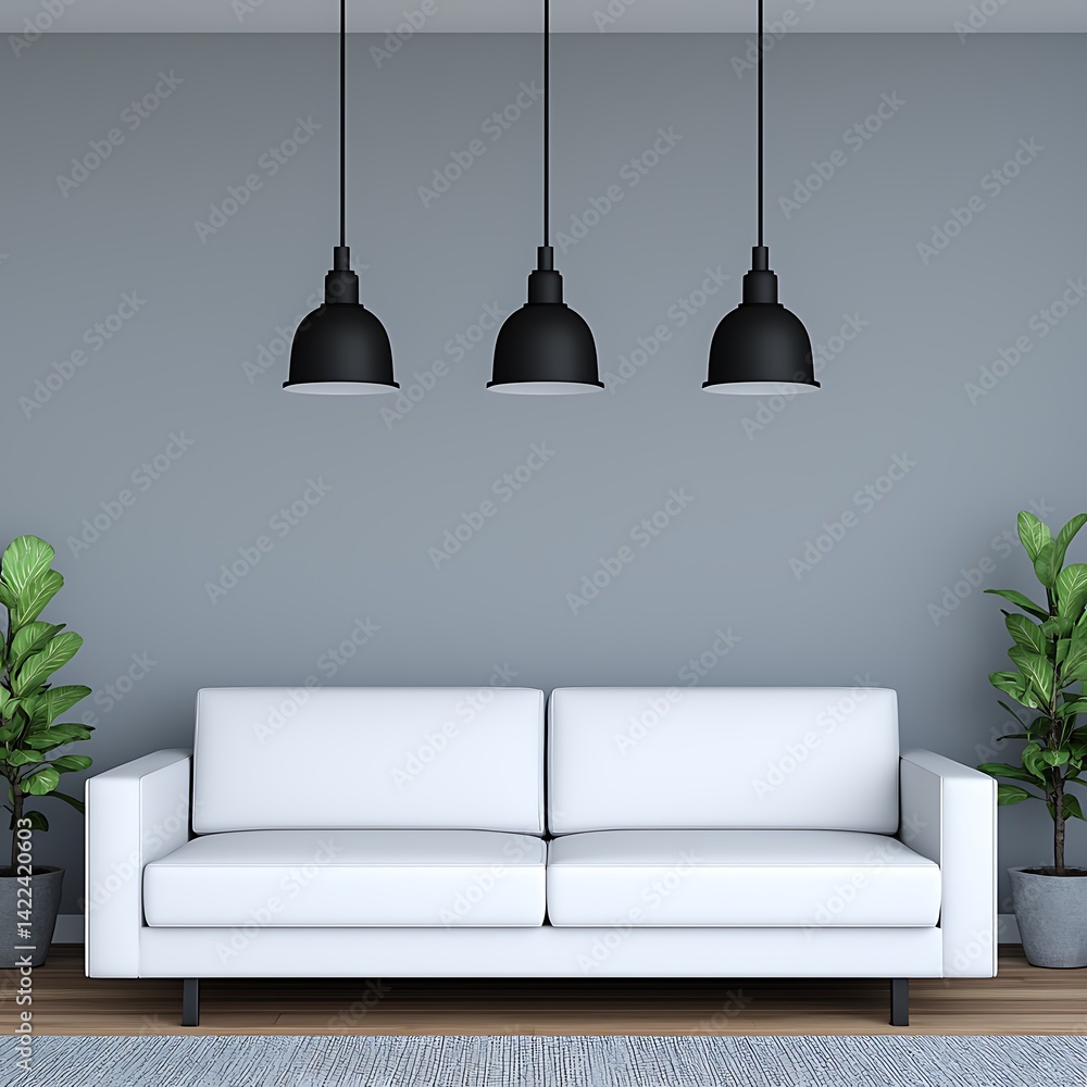 Modern Interior: White Couch, Black Pendant Lights, and Green Plants on Gray Wall Setting, Interior Design.