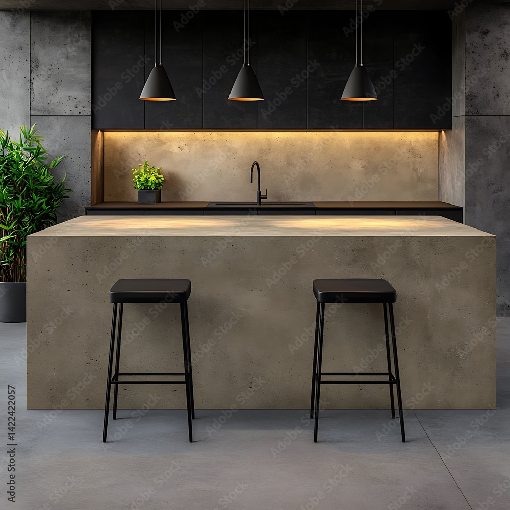 Modern Kitchen Interior with Concrete Island, Black Cabinets, Pendant Lights, and Minimalist Stools for Contemporary Living.