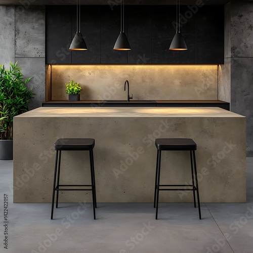 Obraz na płótnie Modern Kitchen Interior with Concrete Island, Black Cabinets, Pendant Lights, and Minimalist Stools for Contemporary Living. w salonie