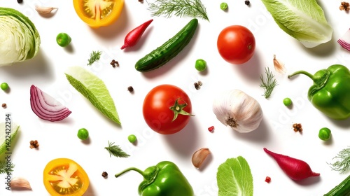 Vibrant mix of fresh vegetables: tomatoes, peppers, cucumbers, and more, arranged on a white background.  A colorful and healthy food scene.