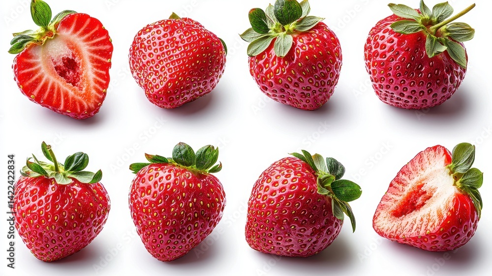 Fresh strawberries arranged on a clean surface, showcasing vibrant colors and textures Fresh strawberries arranged on a clean surface, showcasing vibrant colors and textures