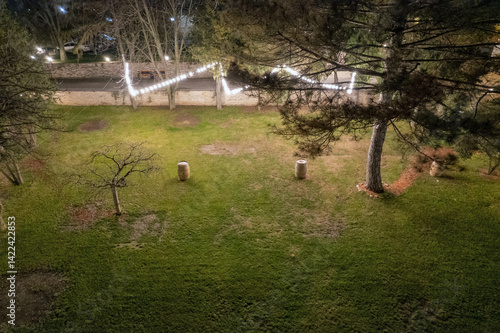 Drone view over winery garden at night, Moldova.