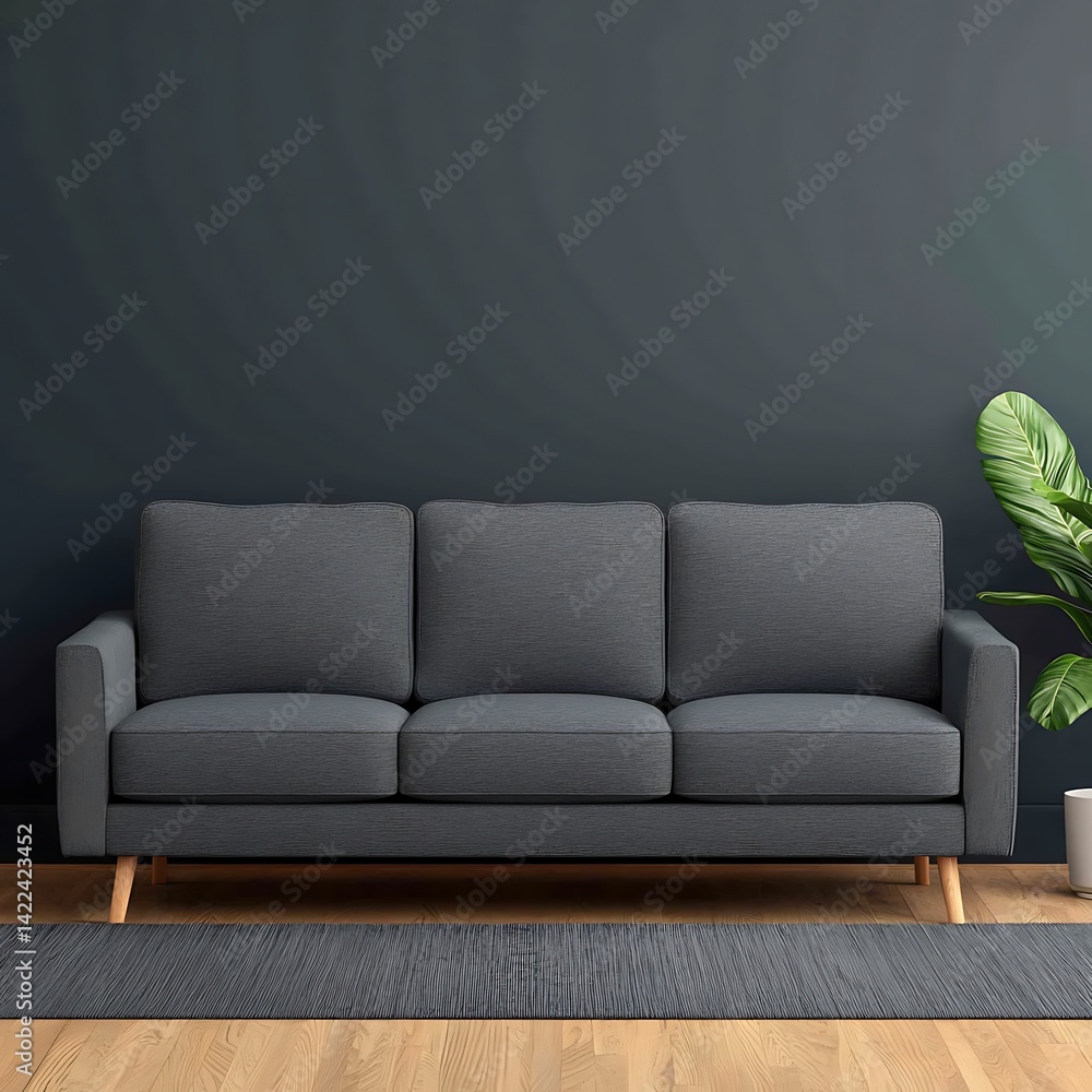 Modern Living Room with Gray Sofa, Wooden Floor, and Plant for a Stylish Home Interior, a Minimalistic Design.