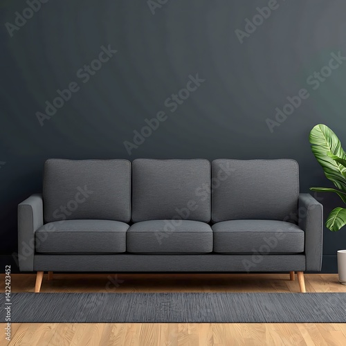 Obraz na płótnie Modern Living Room with Gray Sofa, Wooden Floor, and Plant for a Stylish Home Interior, a Minimalistic Design. w salonie