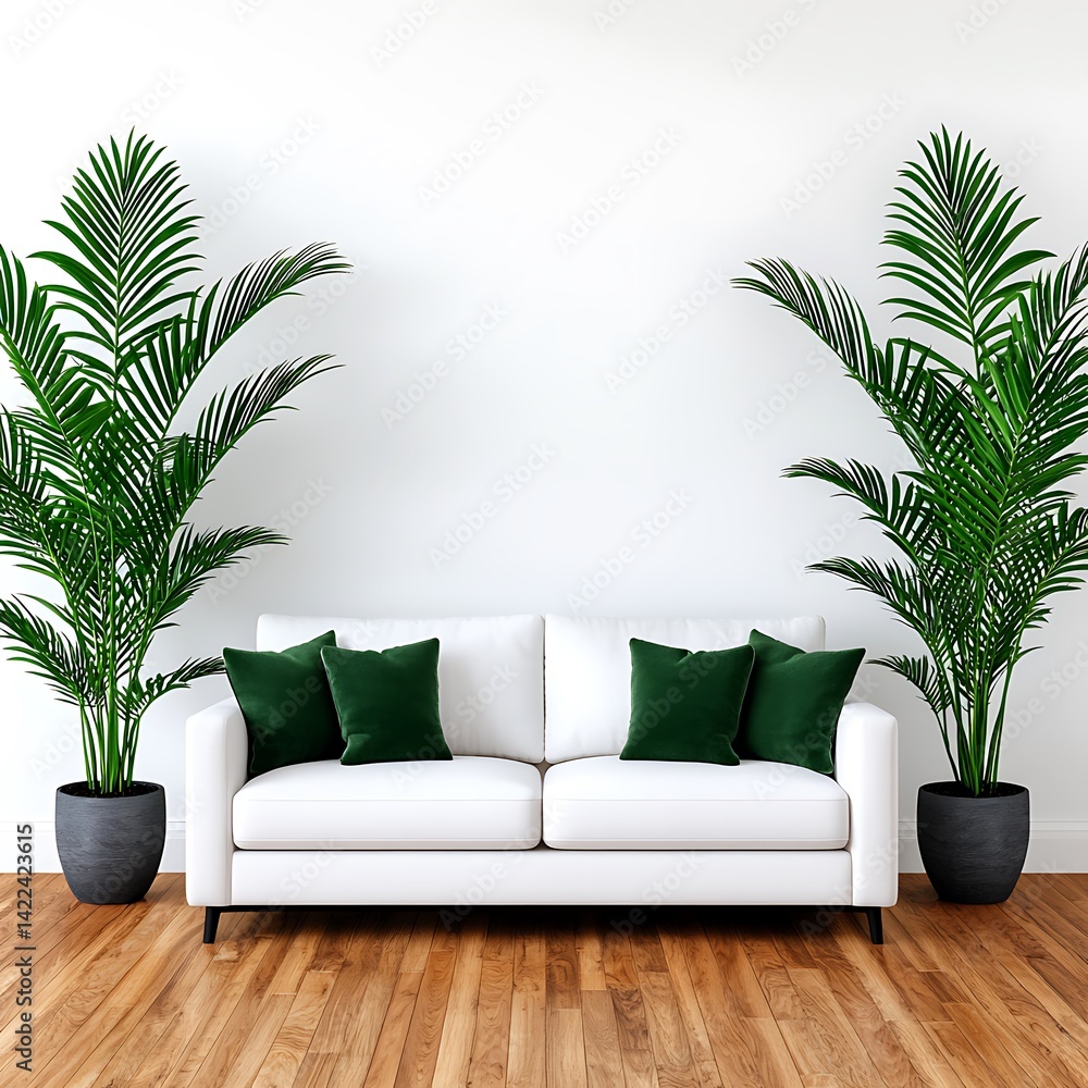 Modern living room with white couch, verdant pillows, indoor plants and hardwood floor providing a serene and inviting space.