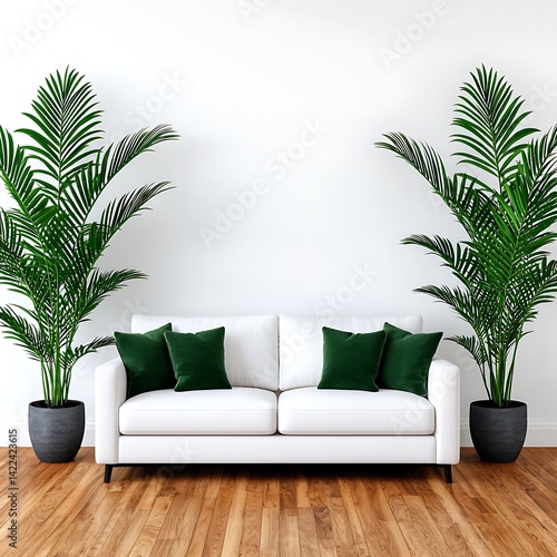 Obraz na płótnie Modern living room with white couch, verdant pillows, indoor plants and hardwood floor providing a serene and inviting space. w salonie