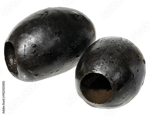 Obraz na płótnie Two smooth, pitted black olives, isolated  background.