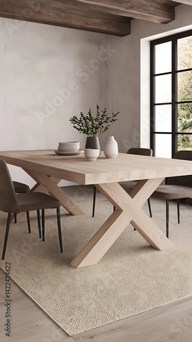 Obraz na płótnie Modern minimalist dining area featuring a wooden table, stylish chairs, vases, and natural light creating a peaceful ambiance. w salonie
