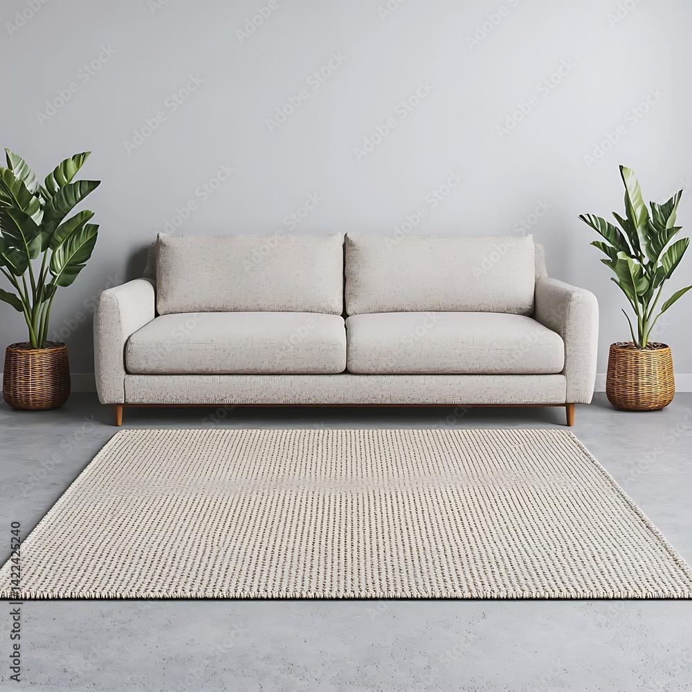 Modern Minimalist Living Room Setup: Comfortable Sofa, Stylish Rug, and Green Plants against a Gray Wall.