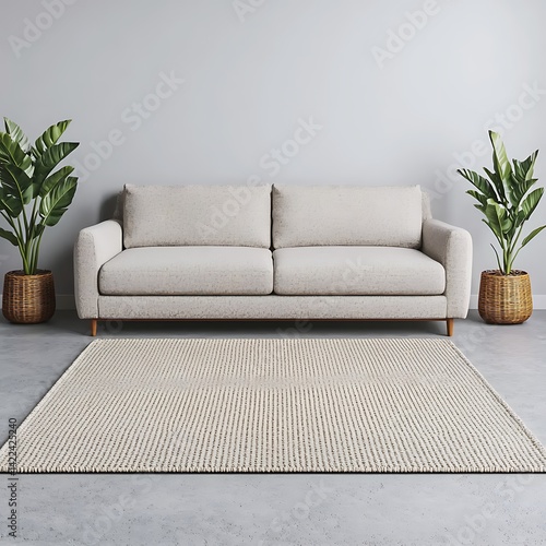 Obraz na płótnie Modern Minimalist Living Room Setup: Comfortable Sofa, Stylish Rug, and Green Plants against a Gray Wall. w salonie