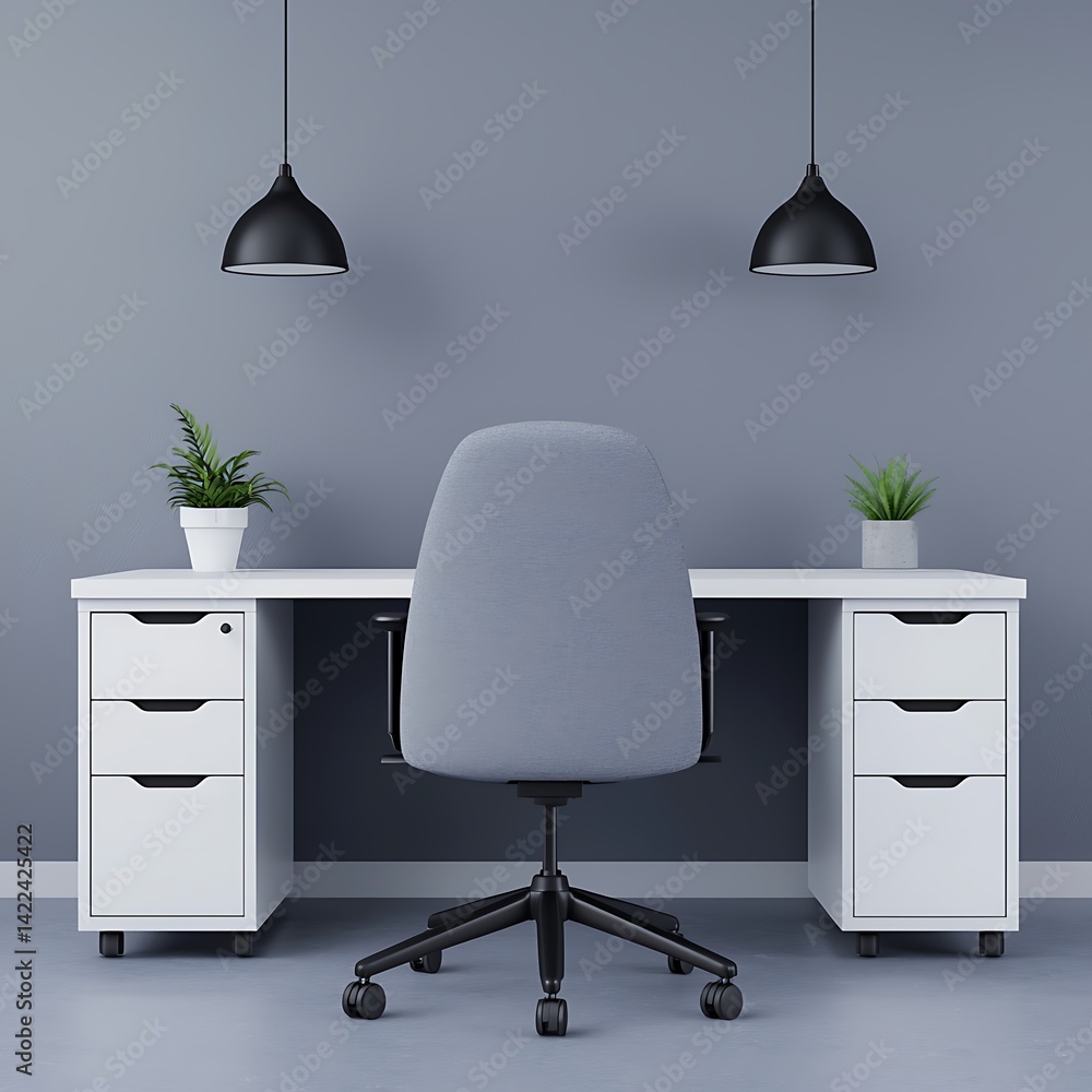 Modern minimalist workspace featuring a gray chair, white desk, sleek lighting, and decorative plants for a peaceful, organized atmosphere.