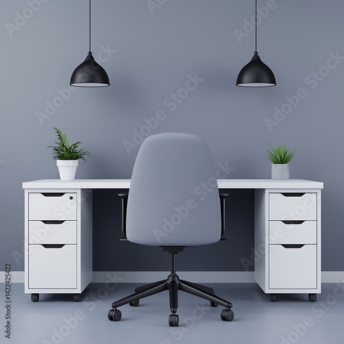 Obraz na płótnie Modern minimalist workspace featuring a gray chair, white desk, sleek lighting, and decorative plants for a peaceful, organized atmosphere. w salonie
