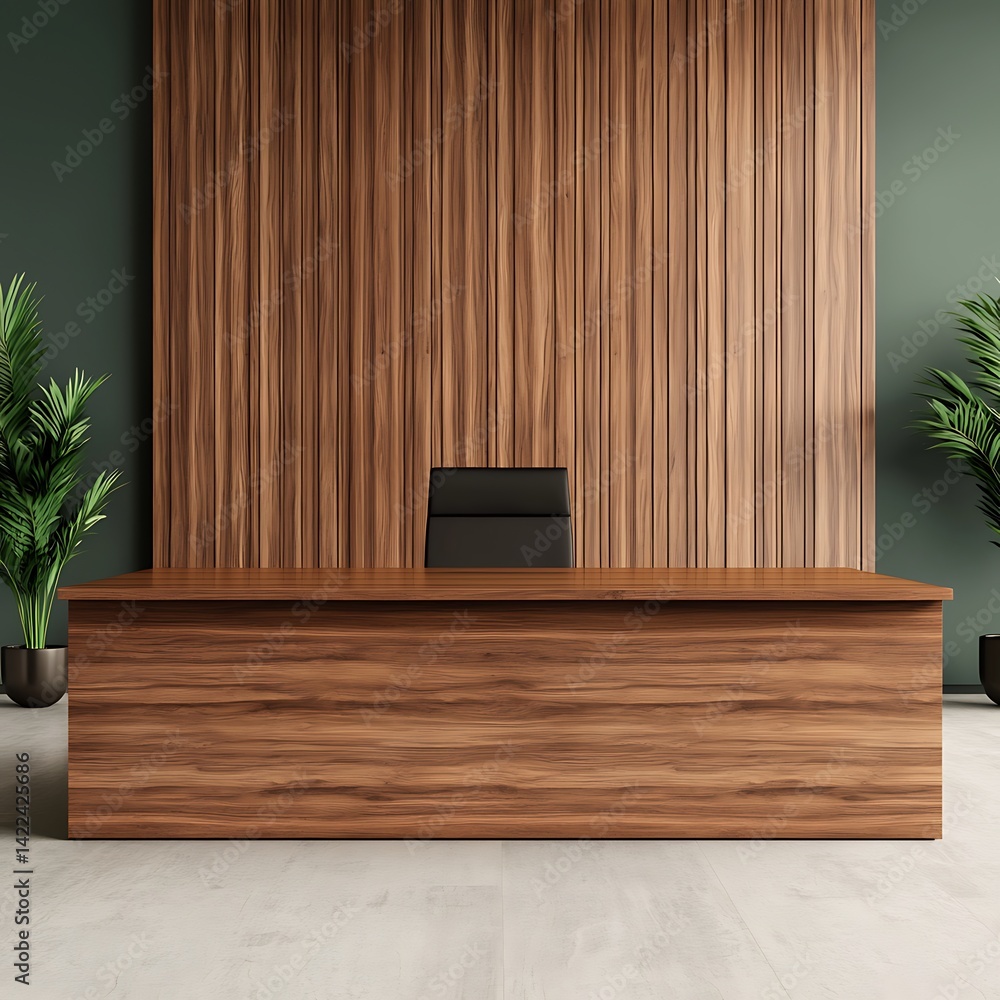 Modern office interior with wooden desk, black chair, vertical wood paneling, and lush green plants design inspiration.