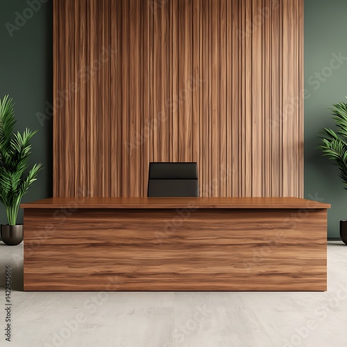 Obraz na płótnie Modern office interior with wooden desk, black chair, vertical wood paneling, and lush green plants design inspiration. w salonie