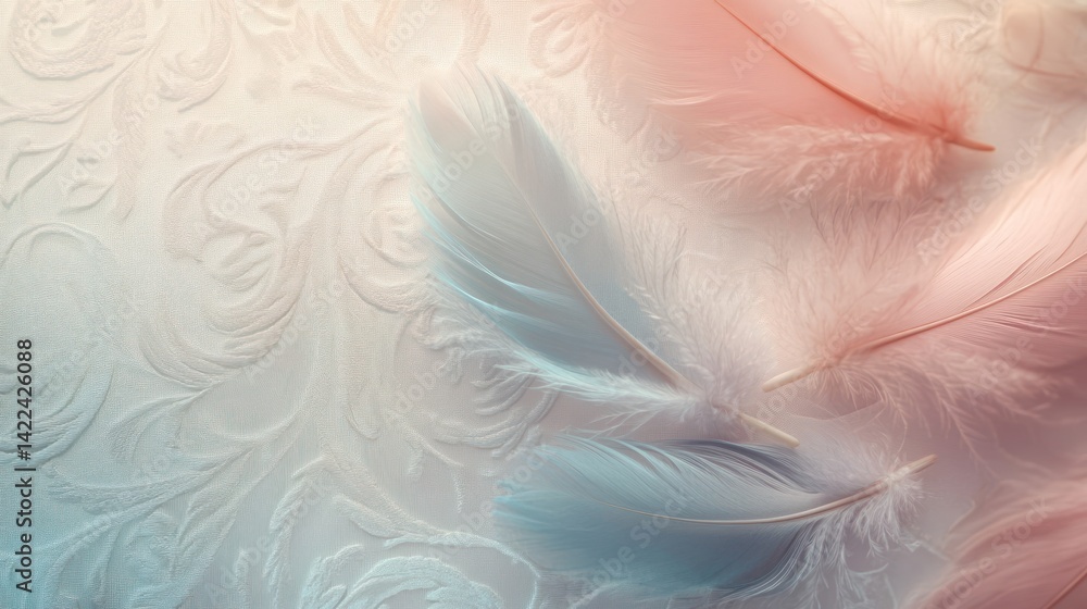 Fototapeta premium Delicate pastel colored feathers on a textured background.