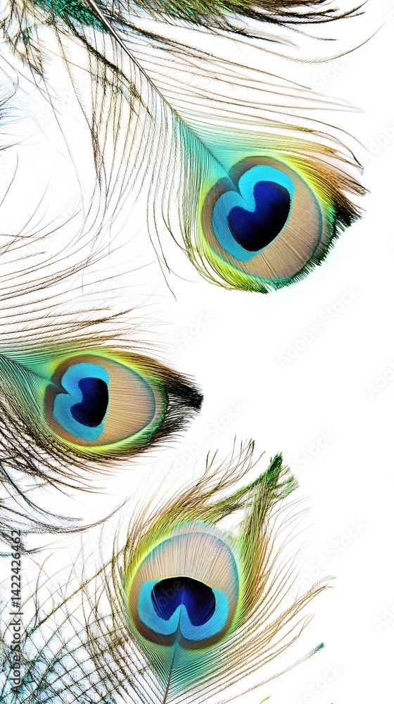 Obraz premium Vibrant Peacock Feathers Close Up on White Background