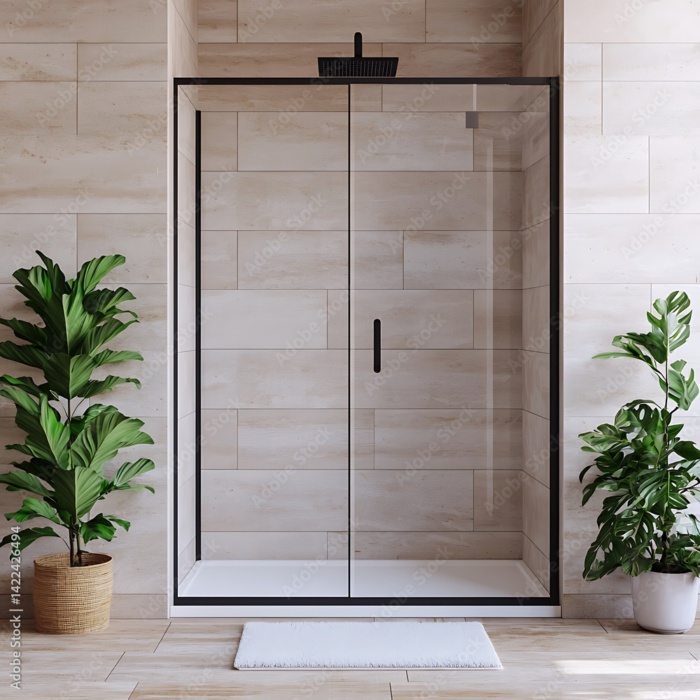Modern Shower Enclosure with Black Frame, Natural Stone Tiles and Indoor Plants for a Minimalist Bathroom Design.