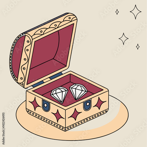 Elegant jewelry box opened under spotlight revealing shiny gems and velvet lining