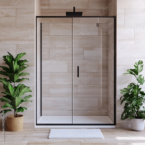 Obraz na płótnie Modern Shower Enclosure with Black Frame, Natural Stone Tiles and Indoor Plants for a Minimalist Bathroom Design. w salonie