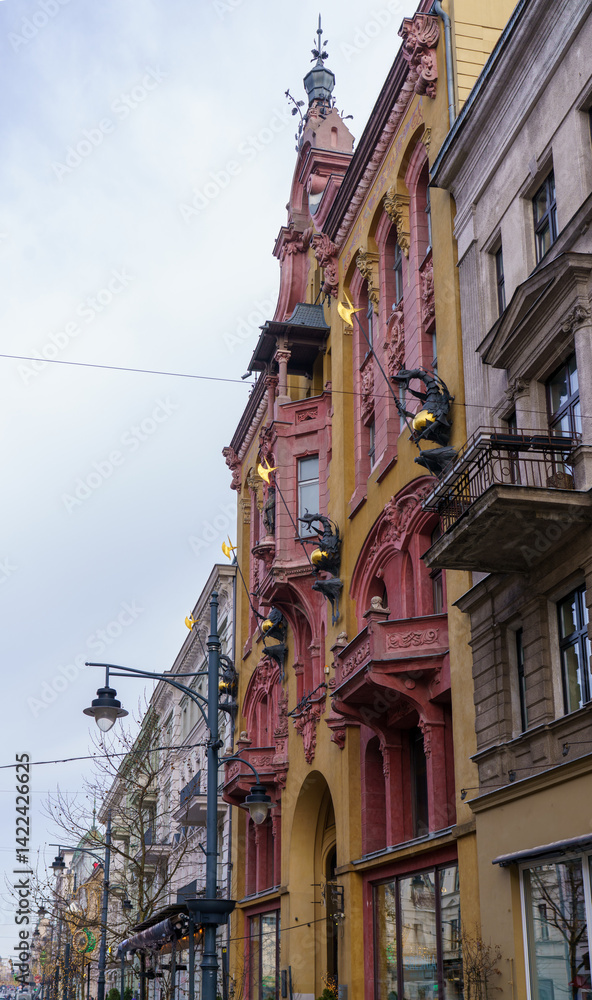 Eclectic tenement with dragons on Piotrkowska Street in Łódź, Poland..