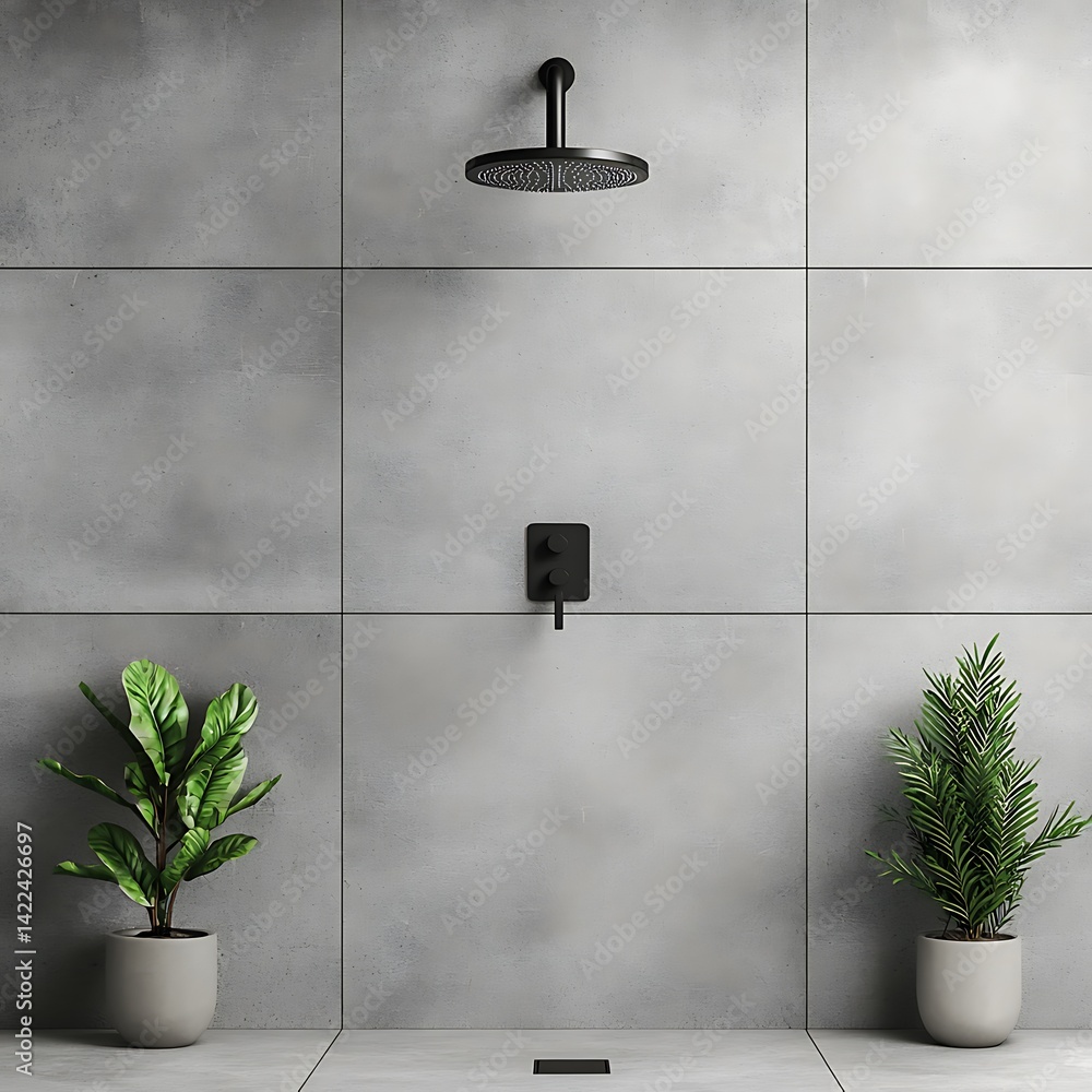 Modern Shower Room Interior Featuring Plants, Gray Tiles, Black Fixtures and Minimalist Design for Relaxation.