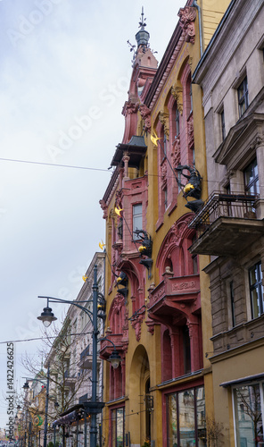 Obraz na płótnie Eclectic tenement with dragons on Piotrkowska Street in Łódź, Poland.. w salonie