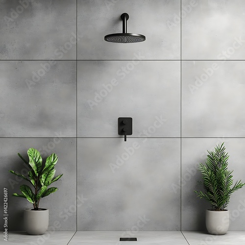 Obraz na płótnie Modern Shower Room Interior Featuring Plants, Gray Tiles, Black Fixtures and Minimalist Design for Relaxation. w salonie