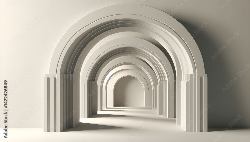 Fototapeta premium Sleek 3D rendered archways with minimal curves and deep shadows creating a tranquil monochrome architectural design