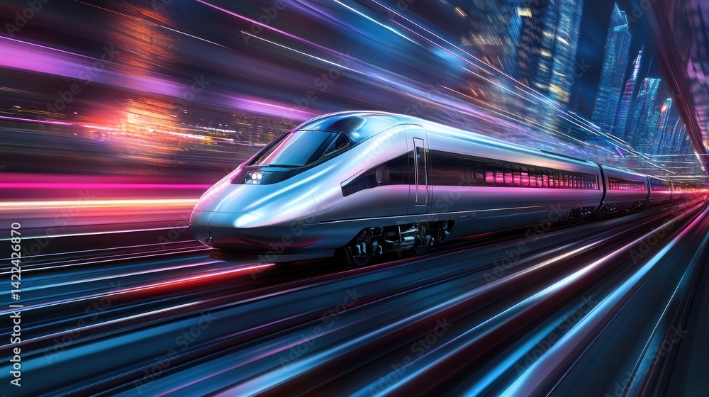 High-speed train rushing through a vibrant city at night. High-speed train rushing through a vibrant city at night.