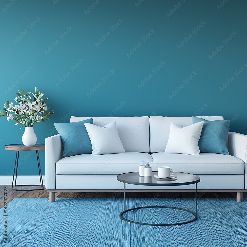 Modern Teal Living Room Interior with White Sofa, Blue Accents, and Minimalist Decor Creating Calm Atmosphere.