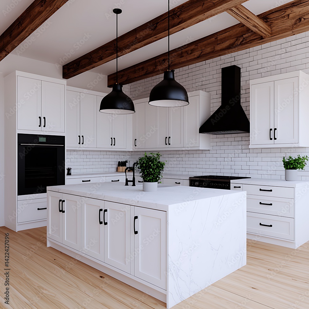 Modern White Kitchen Interior Design with Island, Wooden Beams, and Black Accents, Showcasing a Minimalist and Contemporary Aesthetic.